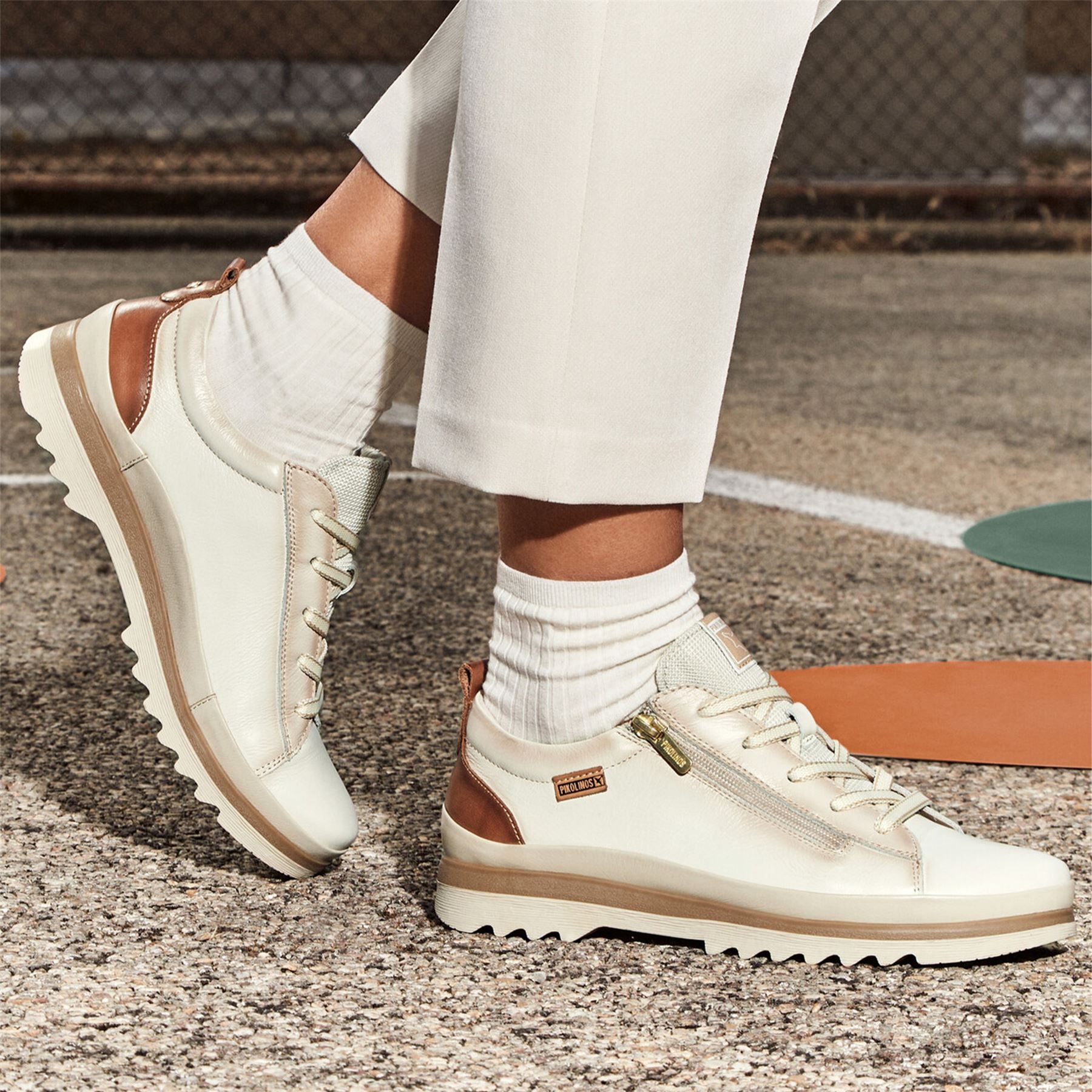 Pikolinos Women’s Nata White Leather Laces & Zipper Trainers - Vigo