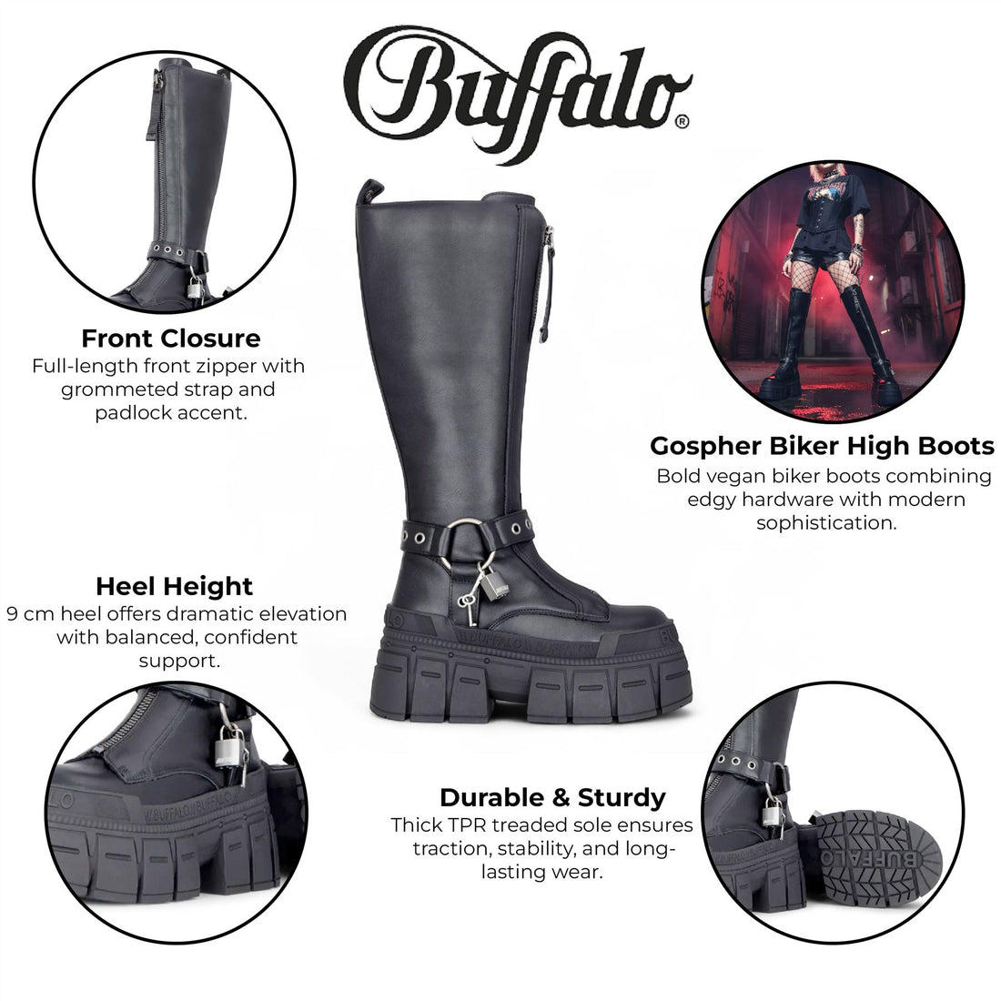 Buffalo Womens Biker Knee High Black Chunky Goth Platform Boots - Gospher Hi