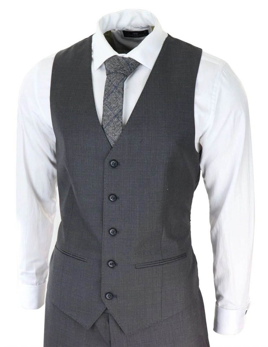 Mens 3 Piece Charcoal Grey Classic Stitch Retro Suit