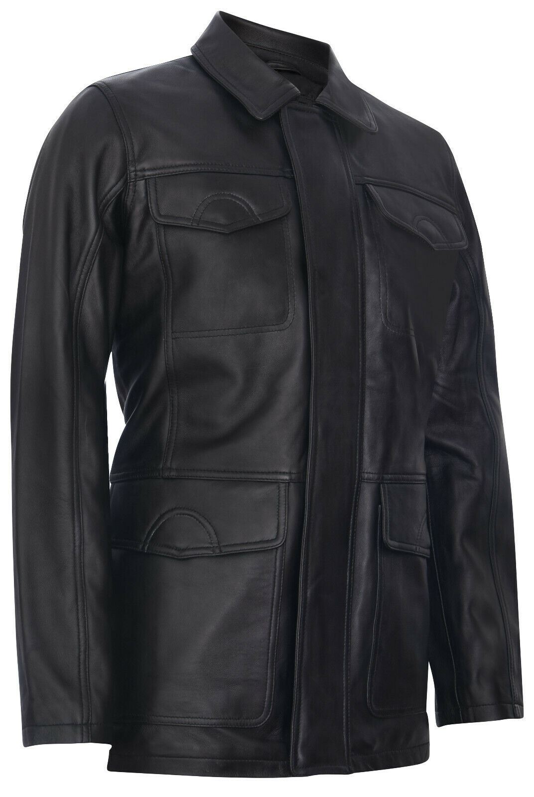 Mens Mid-Length Black Leather Safari Jacket-Fareham