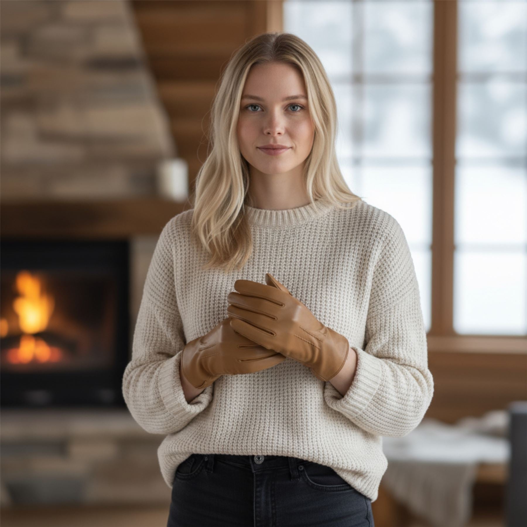 Womens Italian Leather Winter Stitch Line Design Soft Wool Lining Gloves