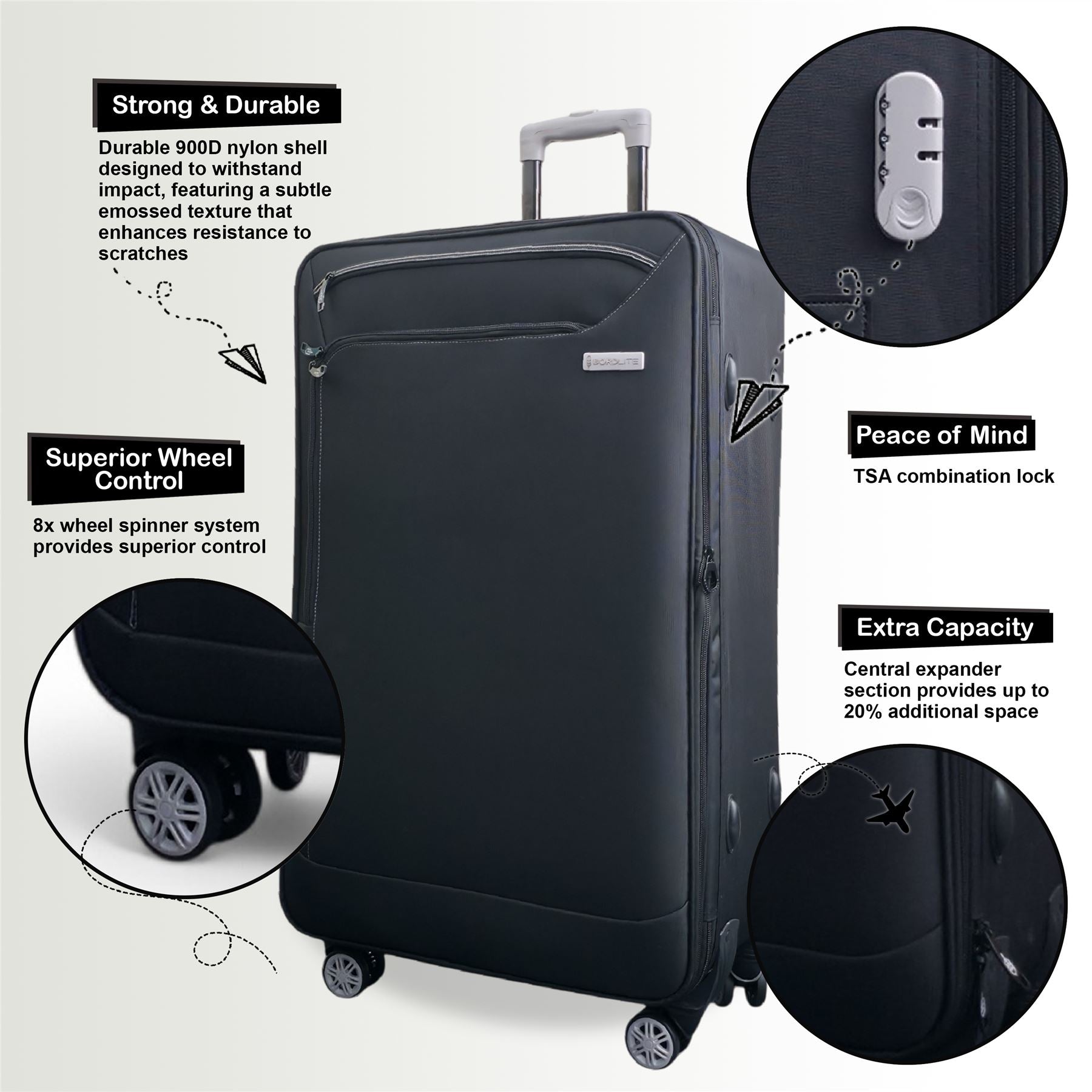 Handa Set of 3 Soft Shell Suitcase in Black