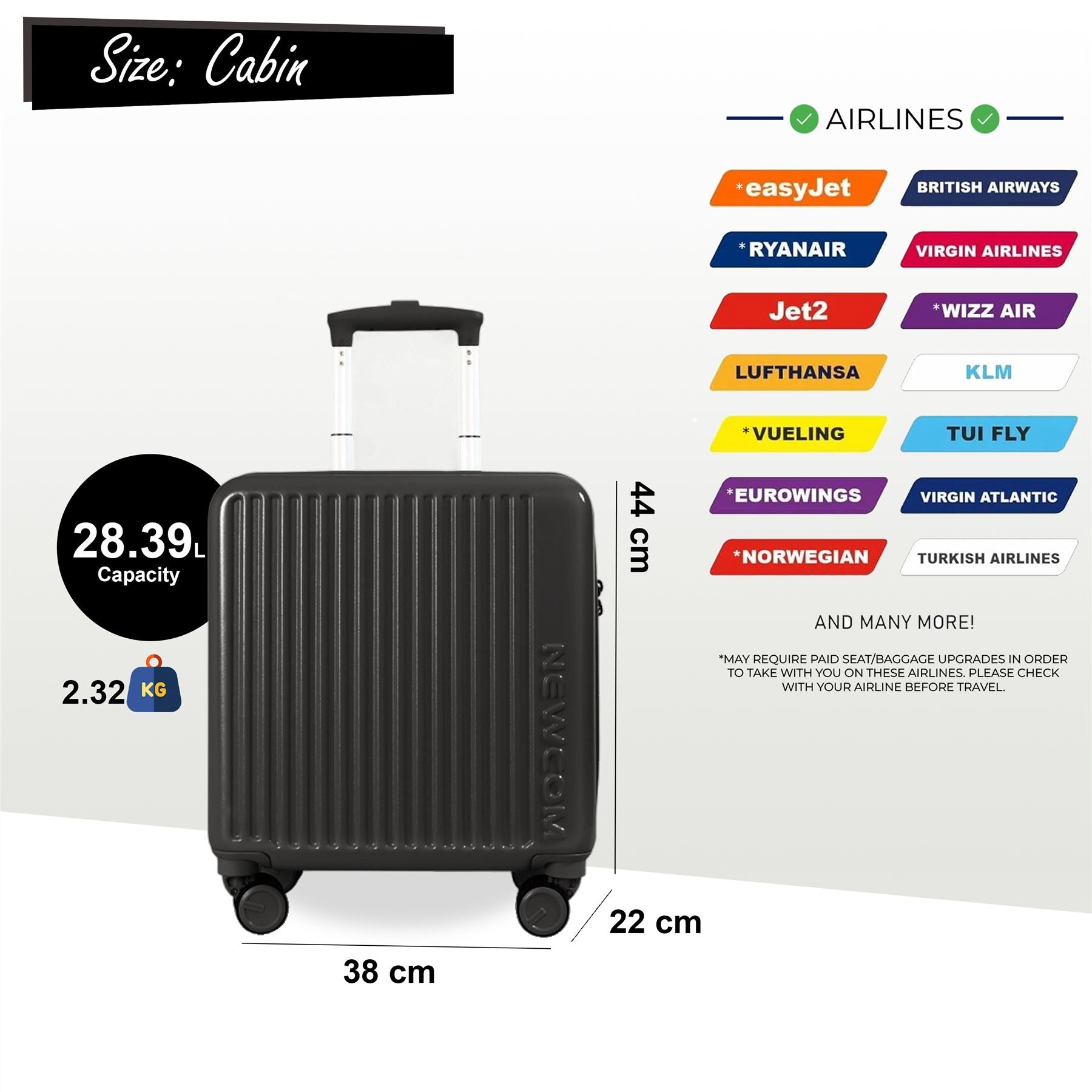 Hard Shell Cabin 44 x 22 x 38 cm Black TSA Secure Luggage Suitcase Suitable for Easyjet, Ryanair