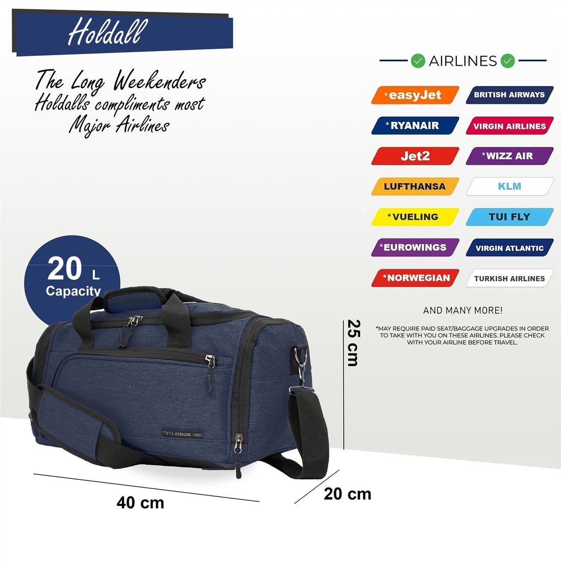 Holdall Carry On 40x 20 x25cm Under-seat Travel Duffel Bag for Ryanair, Easy Jet Blue
