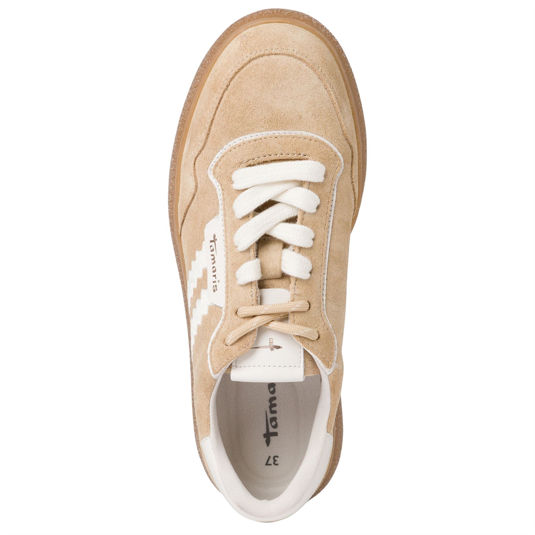 Tamaris Womens Beige White Leather Fashion Stripe Lace Up Sneakers