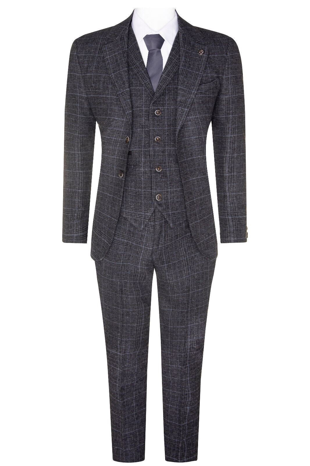 Mens Grey Check 3 Piece Tweed Suit Peaky Blinders 1920s Gatsby Tailored Fit