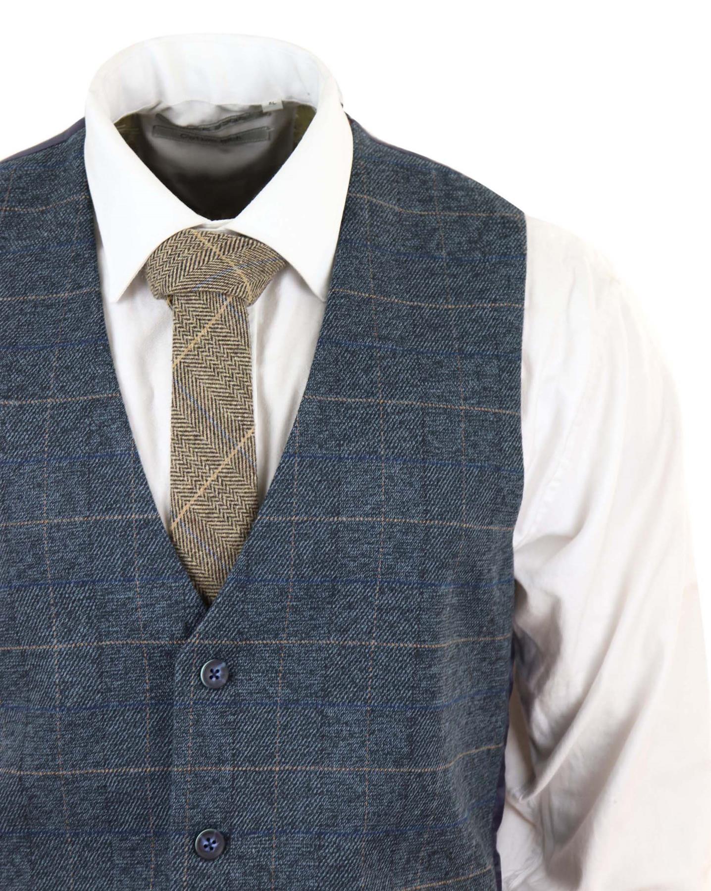 Mens 3 Piece Blue Tweed Check Vintage Suit