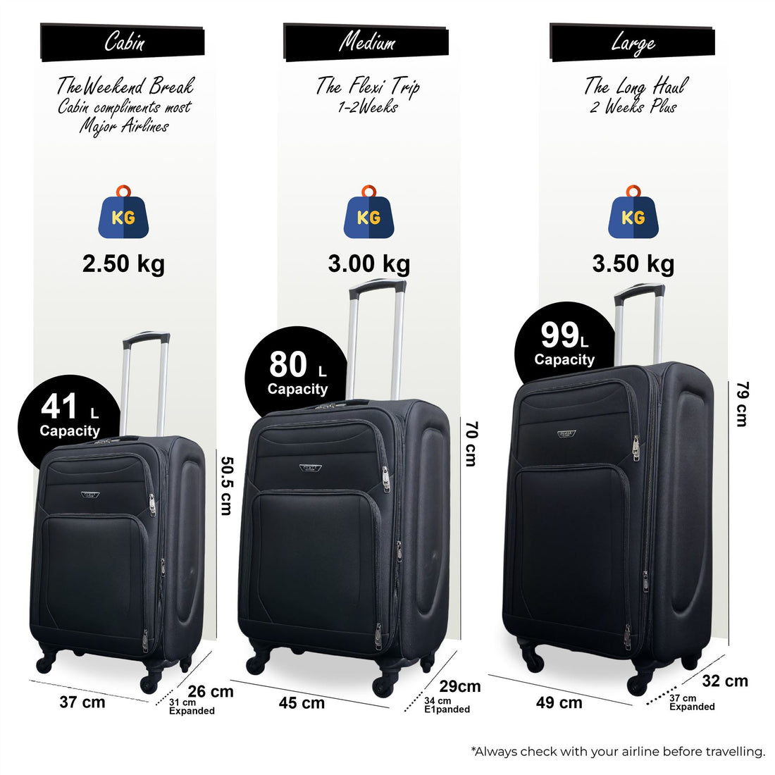 Nagoya Set of 3 Soft Shell Suitcase in Black