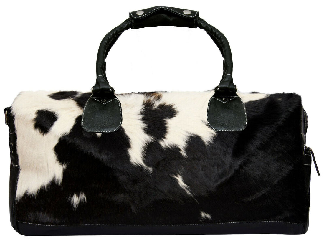 Deluxe Leather Holdall Bag Genuine Cowhide &amp; Cow Fur Weekend Duffel Travel - Upperclass Fashions 