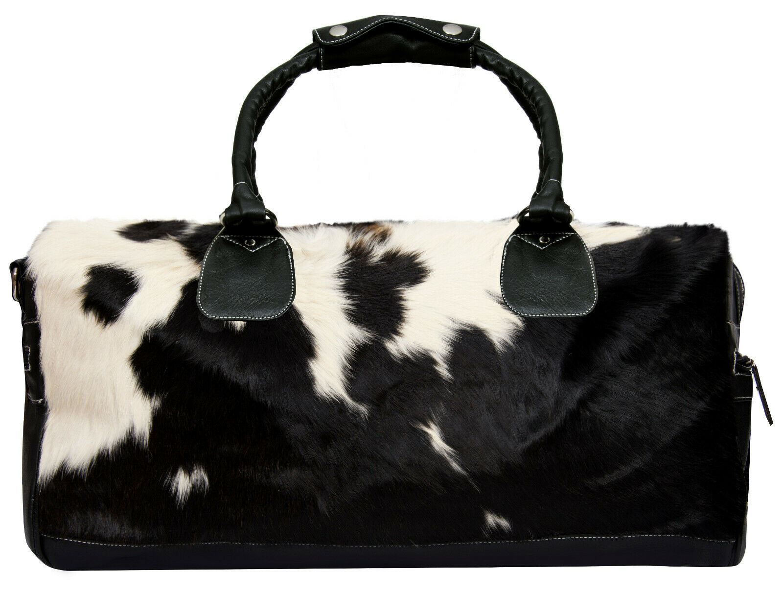 Deluxe Leather Holdall Bag Genuine Cowhide & Cow Fur Weekend Duffel Travel