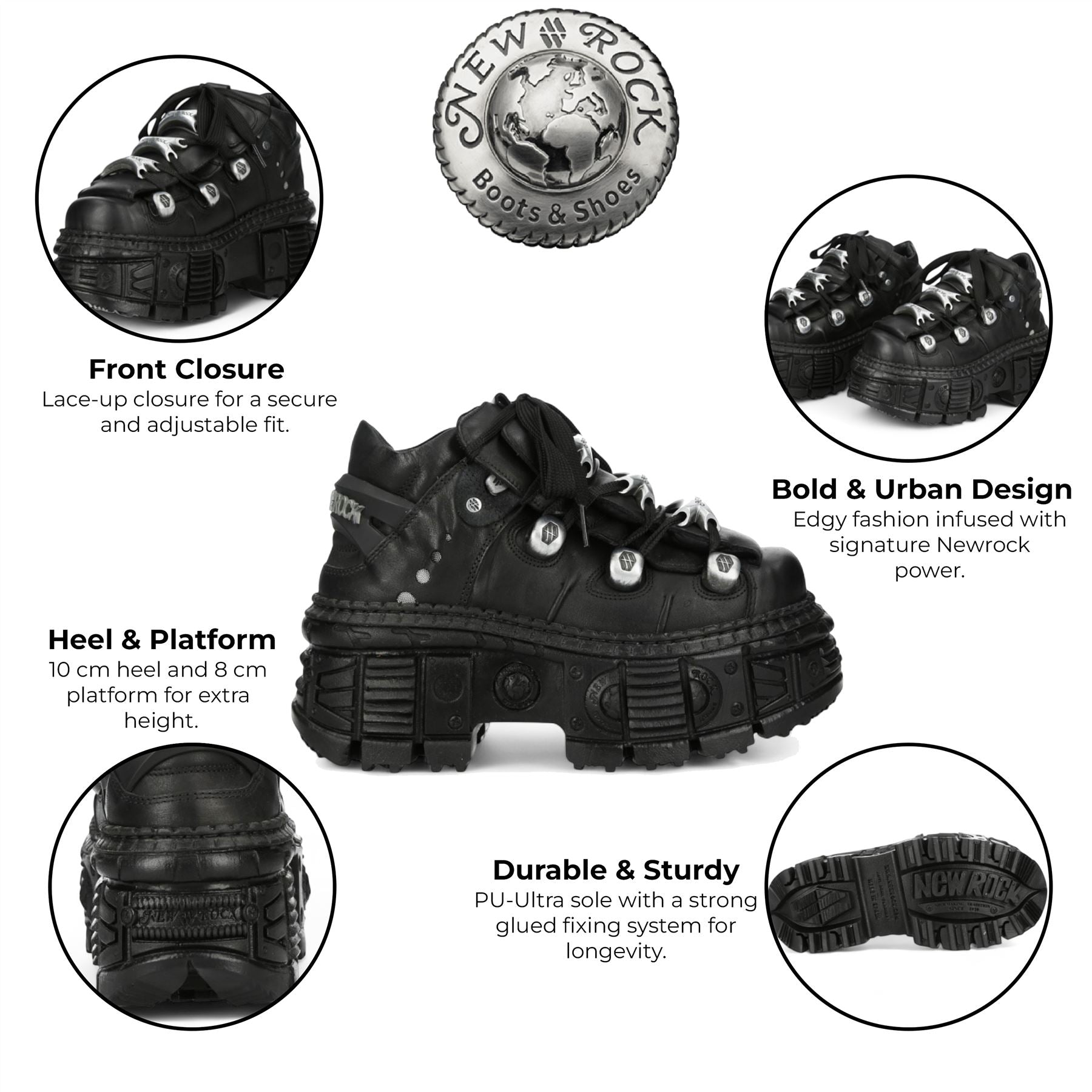 New Rock M-OVERZ106B-C1 Metallic Chunky Black Leather Gothic Ankle Boots