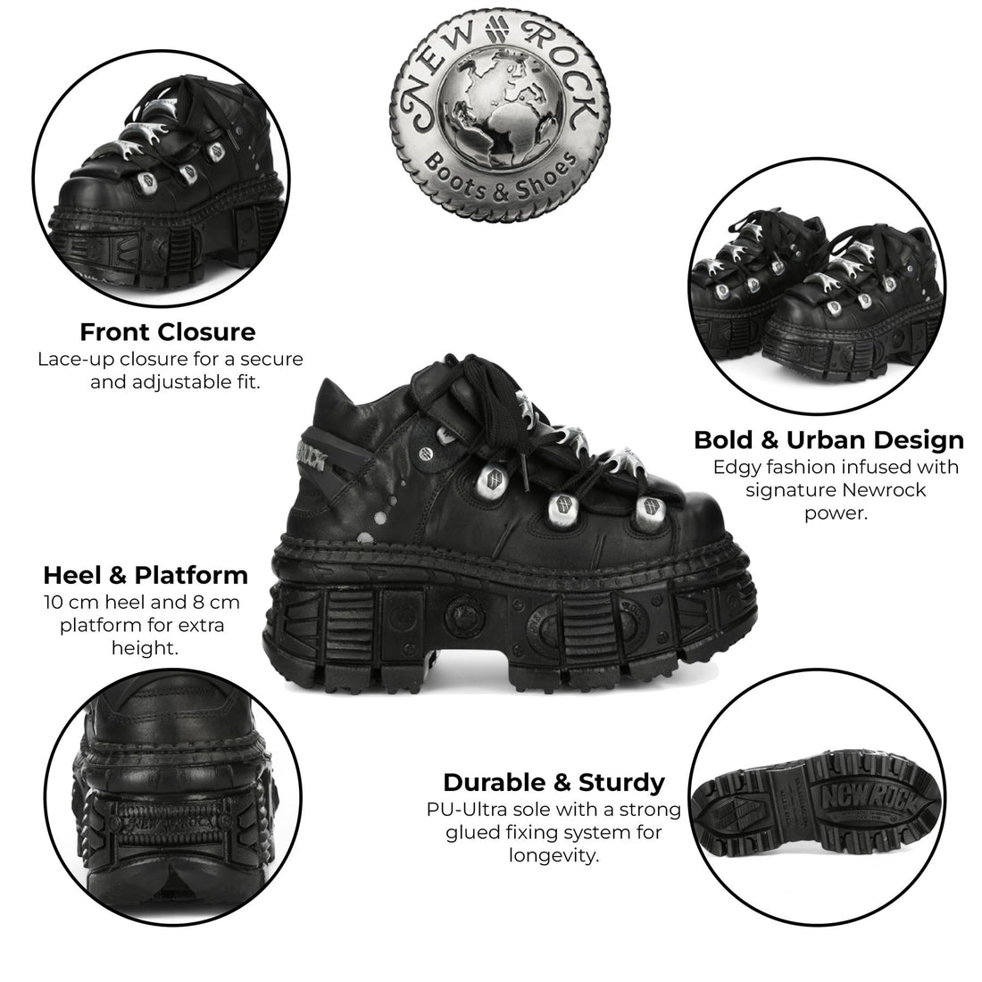 New Rock M-OVERZ106B-C1 Metallic Chunky Black Leather Gothic Ankle Boots