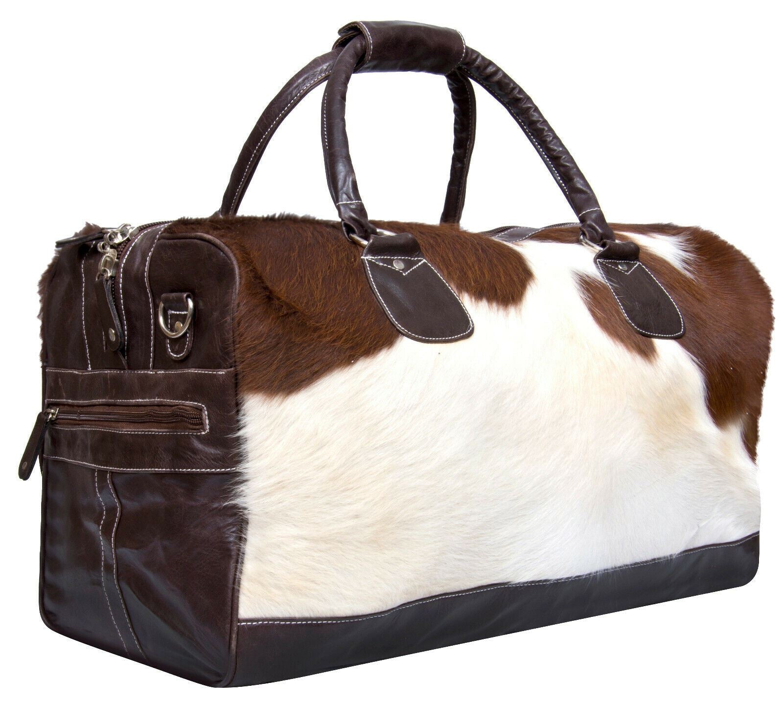 Deluxe Leather Holdall Bag Genuine Cowhide & Cow Fur Weekend Duffel Travel