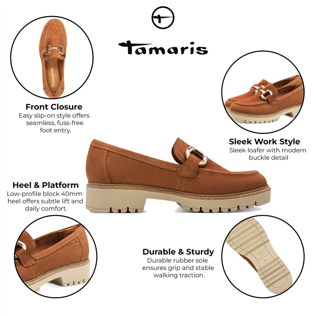 Tamaris Womens Cognac Tan Brown Leather Loafers Slip-On Platform Shoes