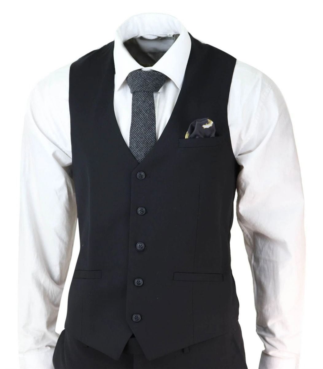 Mens 3 Piece Plain Black Classic Retro Tailored Suit
