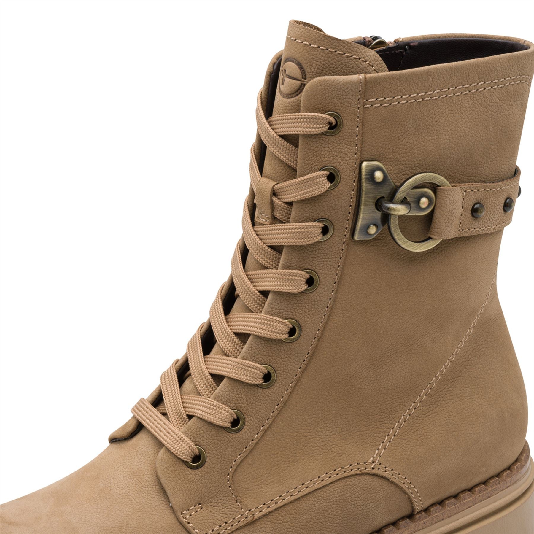 Tamaris Womens Fashion Camel Beige Leather Lace-Up Zip Combat Ankle Boots