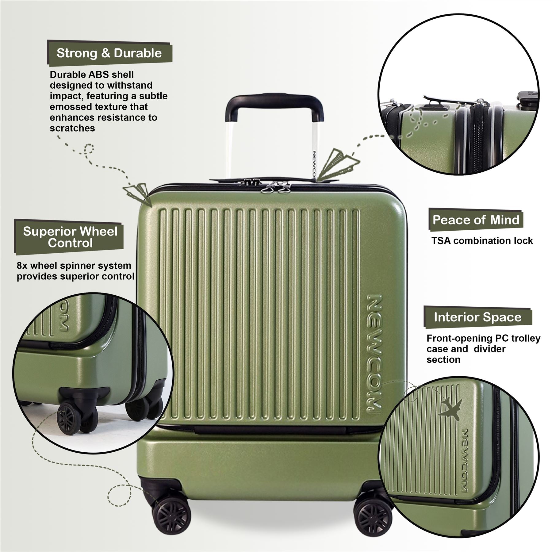 Durable EasyJet Ryanair 39 x 26 x 51.5 cm Olive Green Front Open Cabin Luggage Travel Suitcase