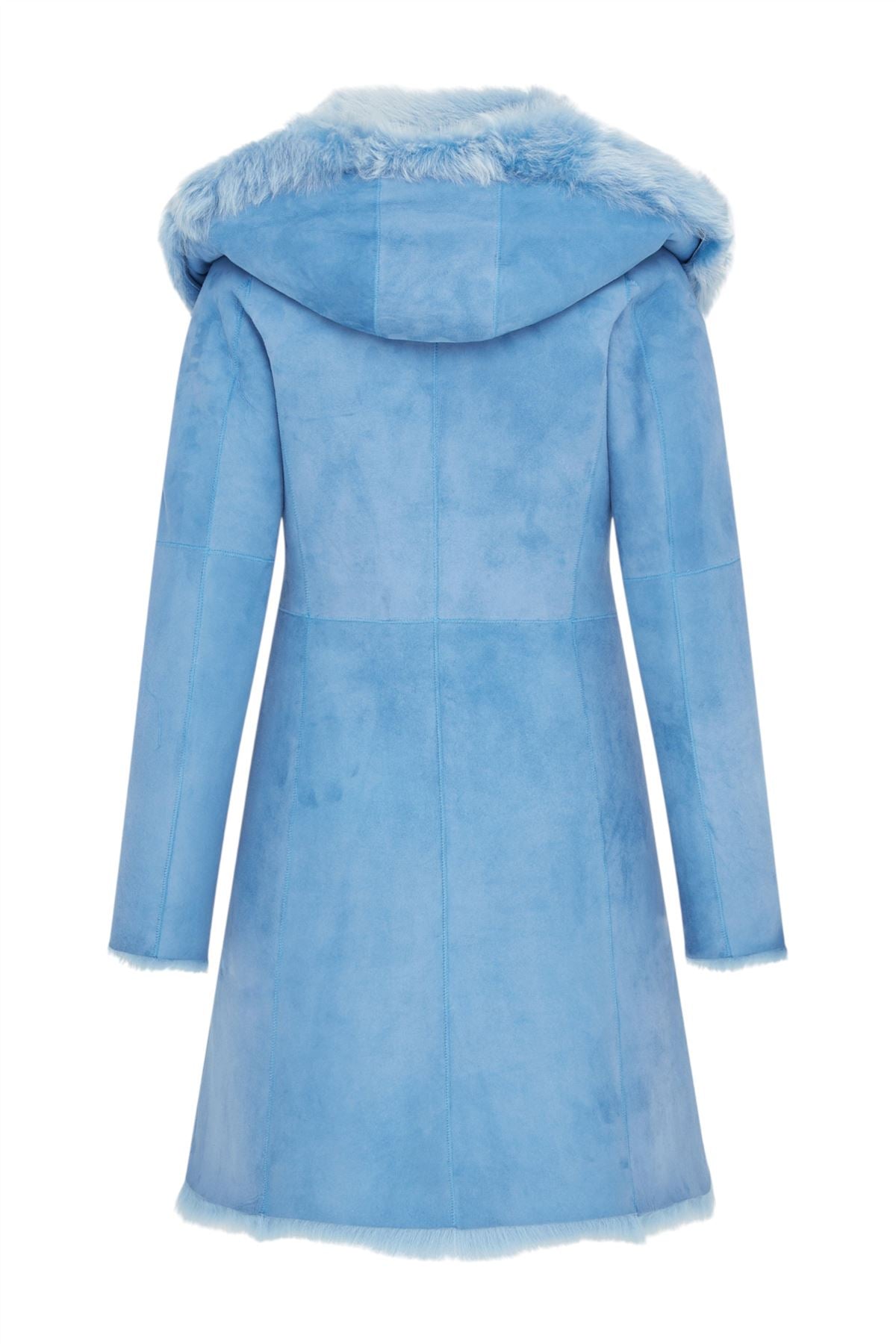 Womens Blue Toscana Sheepskin Suede Leather Hooded Trench Coat - Aura