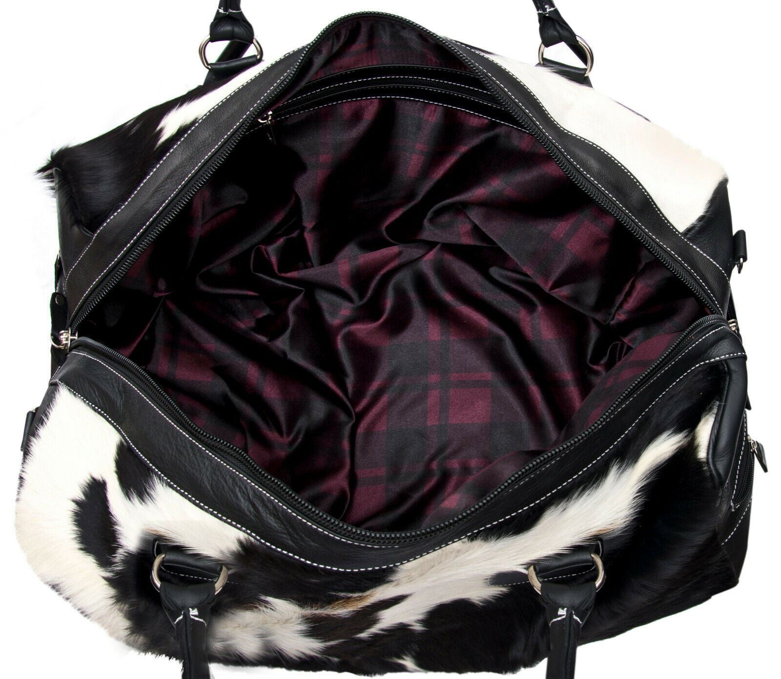 Deluxe Leather Holdall Bag Genuine Cowhide & Cow Fur Weekend Duffel Travel