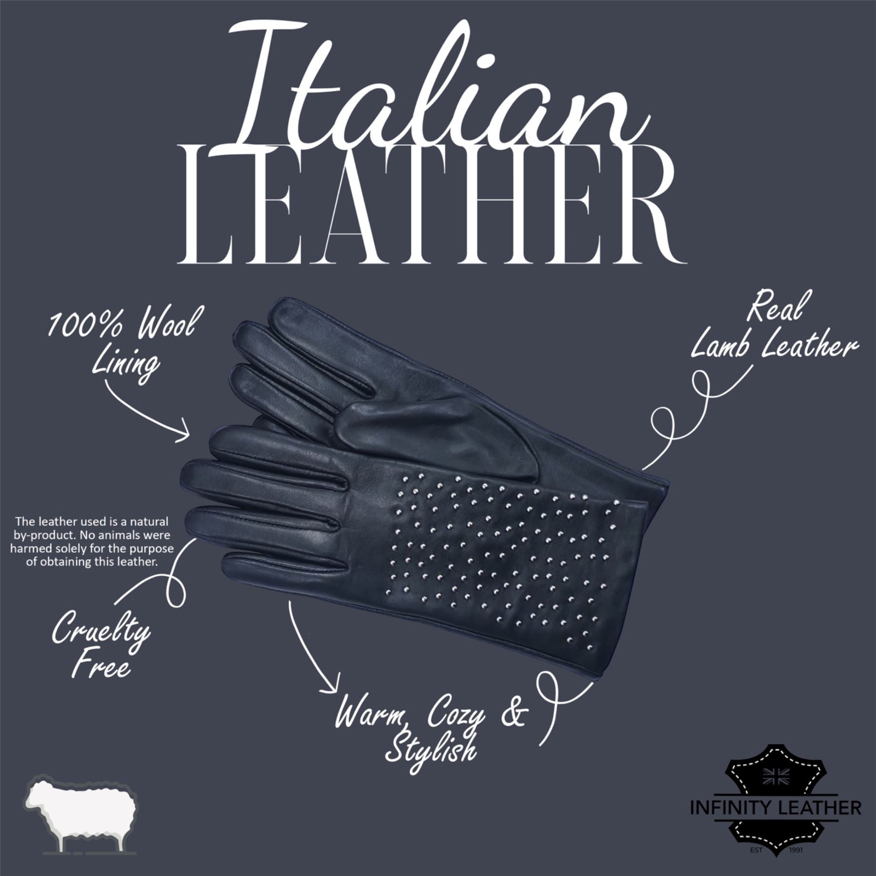 Womens Italian Leather Winter Studded Design Soft Wool Lining Gloves - L-GLV-601