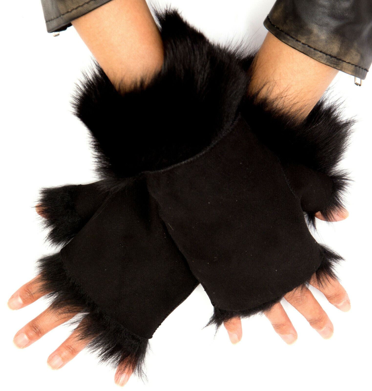 Womens Shearling Mittens Fingerless Cuffs Toscana Suede Sheepskin Fur