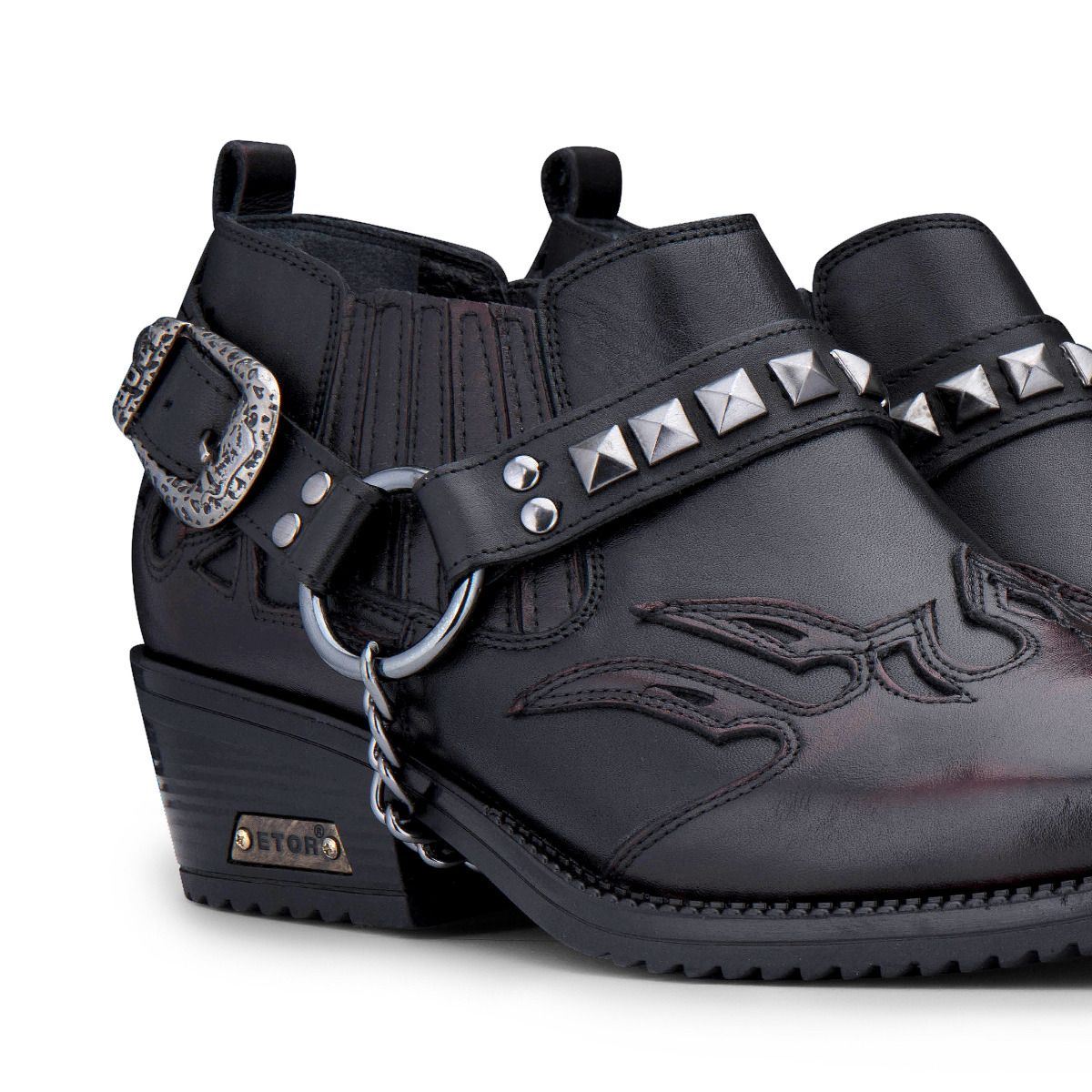 Men’S Black Leather Winklepicker Studded Western Biker Boots