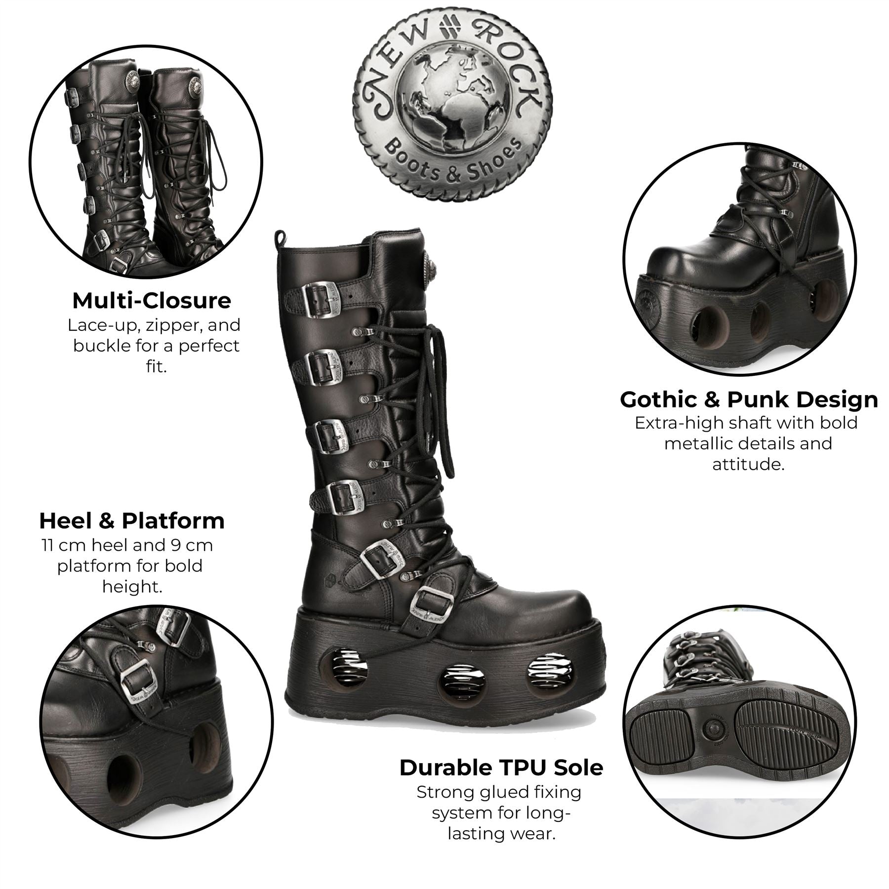 New Rock M-272-S2 Neptuno Metallic Knee High Black Leather Gothic Boots