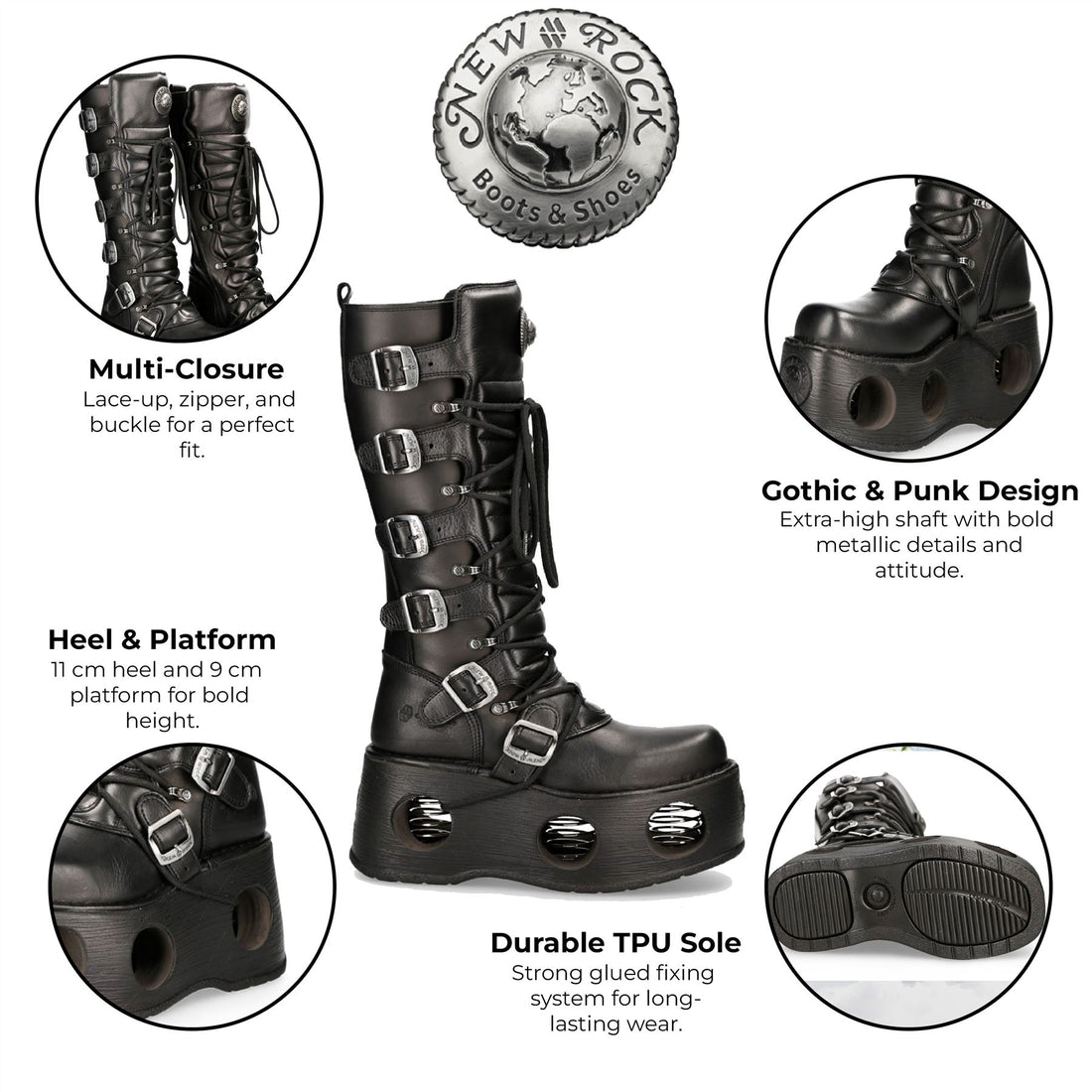 New Rock M-272-S2 Neptuno Metallic Knee High Black Leather Gothic Boots