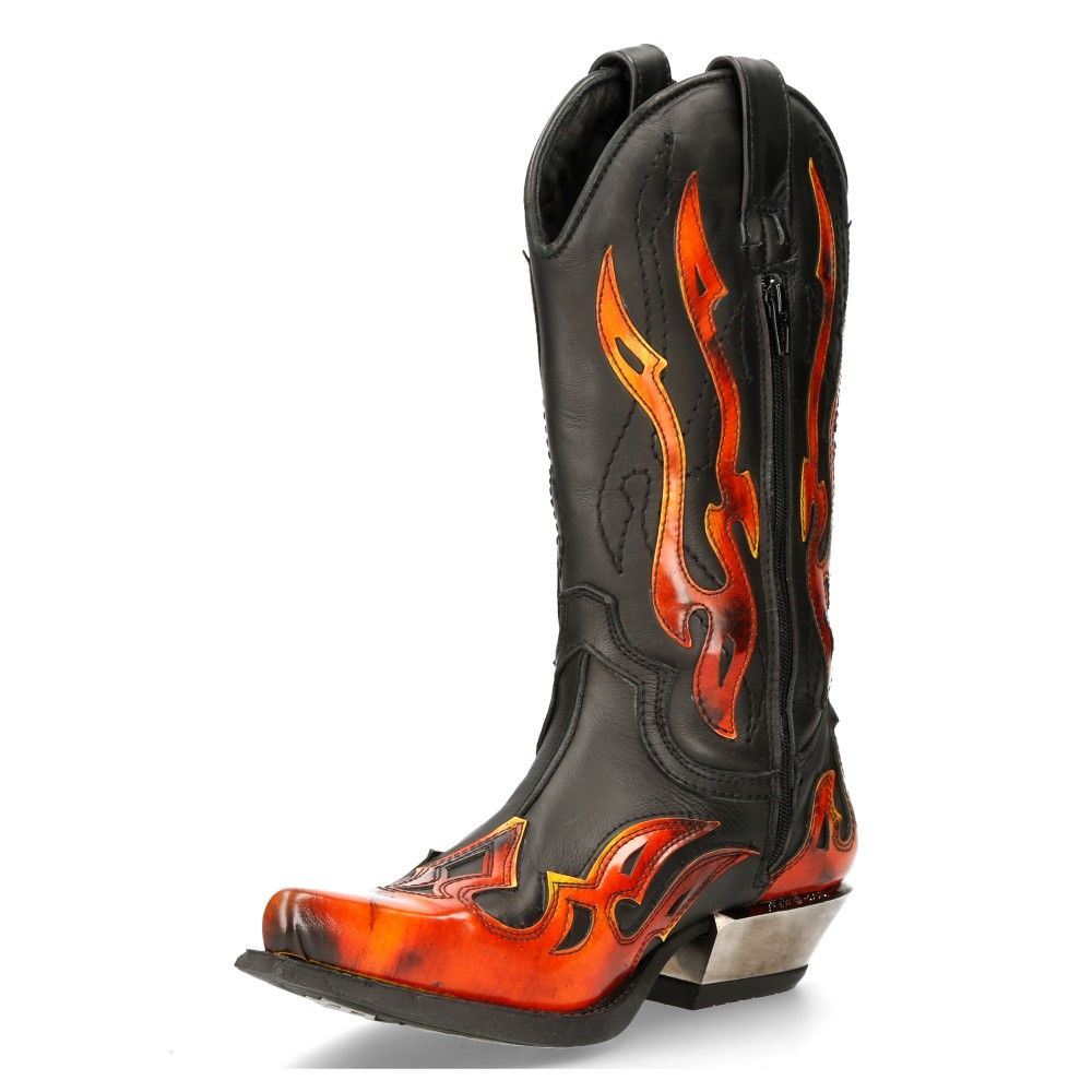 New Rock Flame Accented Black/Red Mid-Calf Cowboy Boots-7921-S2