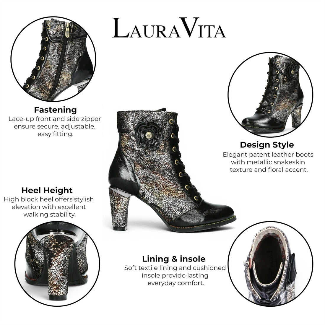 Laura Vita Womenโs Black Leather Floral Heeled Lace-Up Boots - Alcbaneo 173