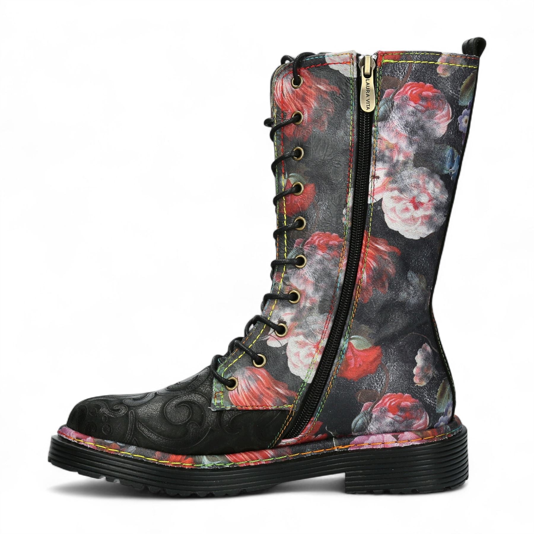 Laura Vita Incaso-18 Black Floral Womens Gothic Victorian Leather High Boots