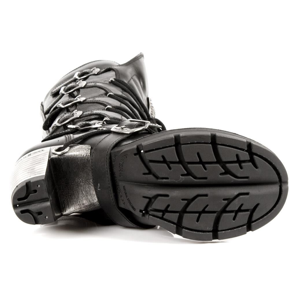 New Rock Ladies Black Buckle Laced Knee-High Boots- TR004-S1