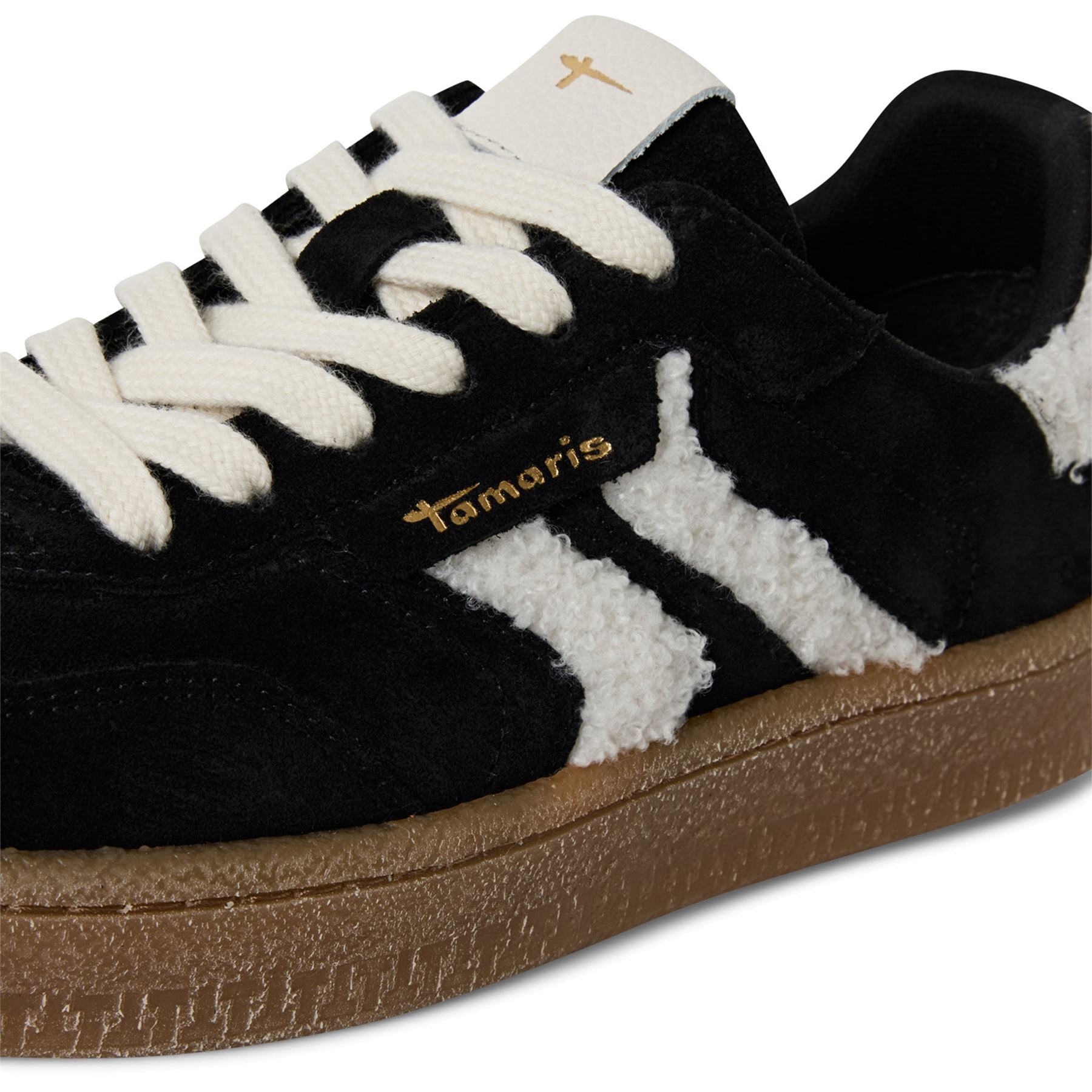 Tamaris Womens Black White Fur Suede Leather Fashion Lace Up Sneakers