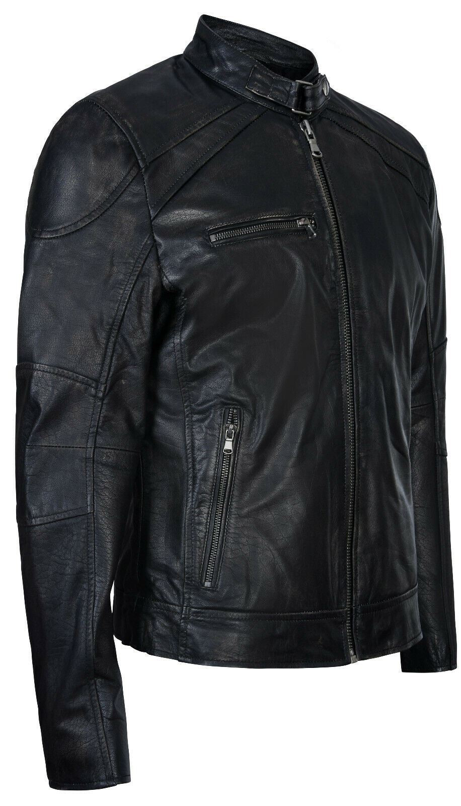 Mens Black Leather Vintage Biker Jacket-Southam - Upperclass Fashions 