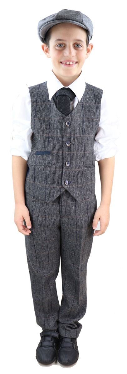 Boys 3 Piece Charcoal Grey Herringbone Tweed Check Classic Suit