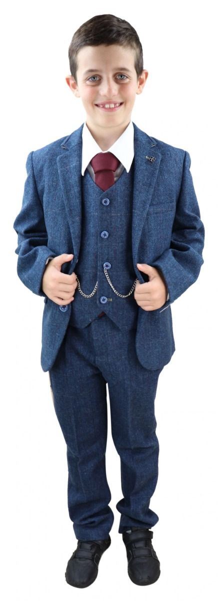Boys 3 Piece Blue Herringbone Tweed Check Classic Suit