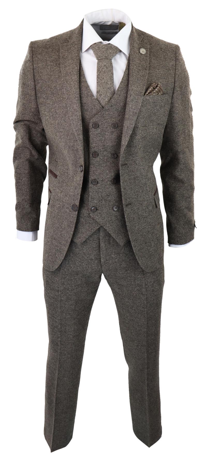 Mens Oak Brown Wool 3 Piece Suit Double Breasted Waistcoat Tweed Peaky Blinders 1920s
