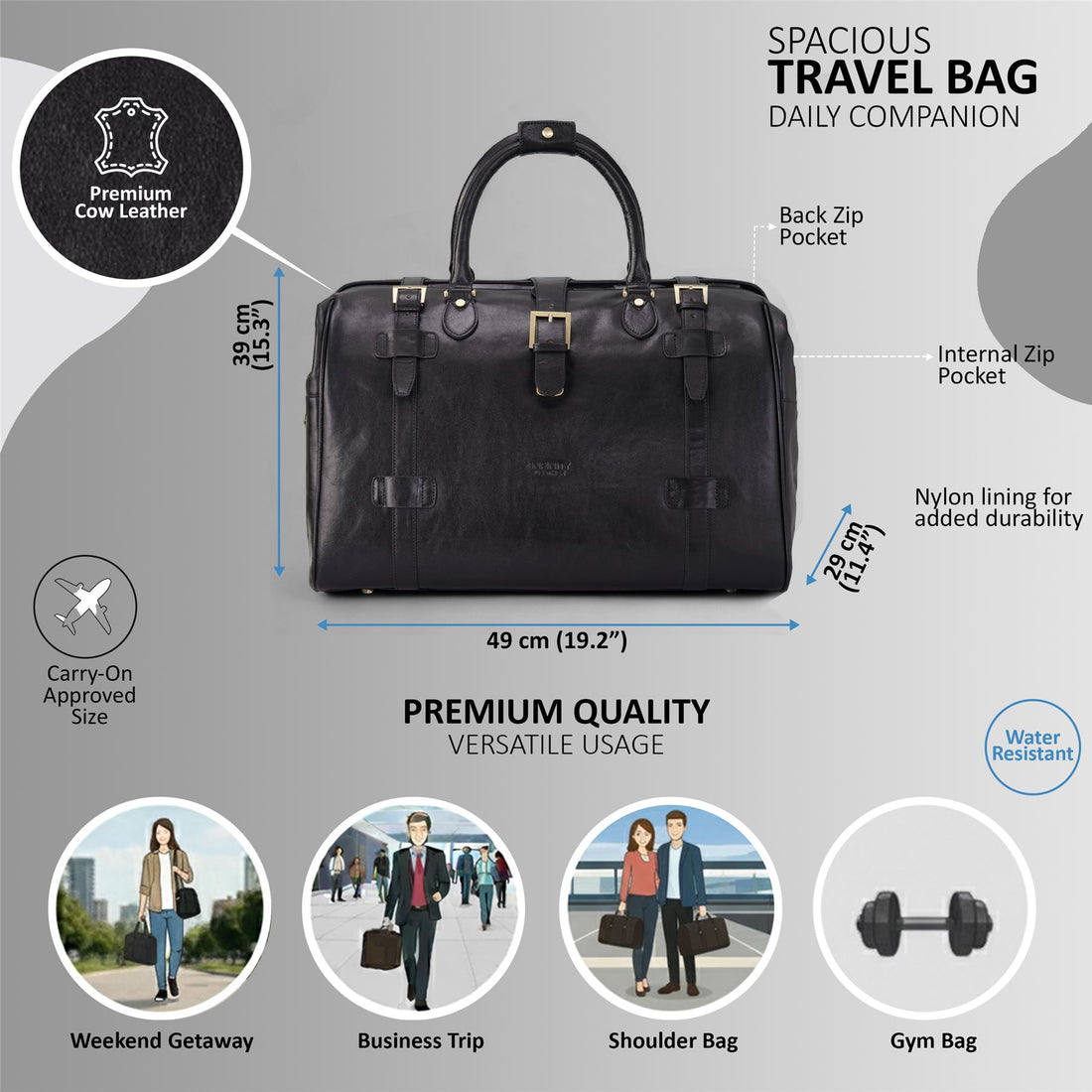 Genuine Leather Black Duffle Holdall Vintage Travel Gym Bag - Windsor