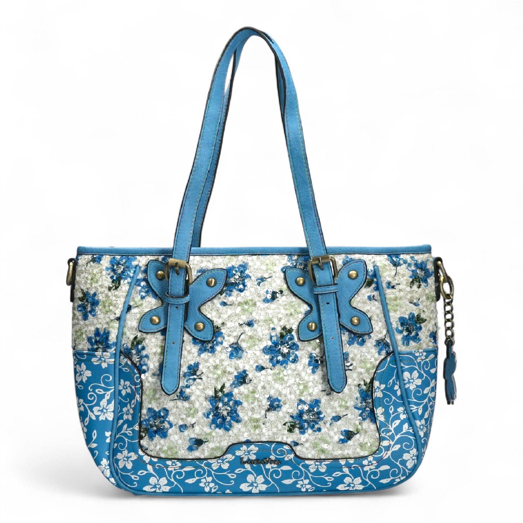 Laura Vita Aloe-02 Womens Blue Floral Print Adjustable Straps Shoulder Tote Bag