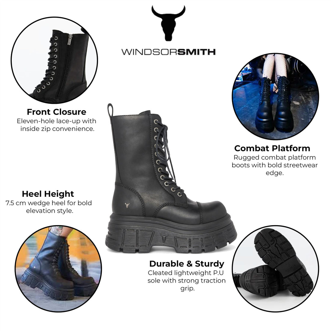 Windsorsmith Womens Black Mid-Calf Biker Leather Platform Combat Boots - Screaming