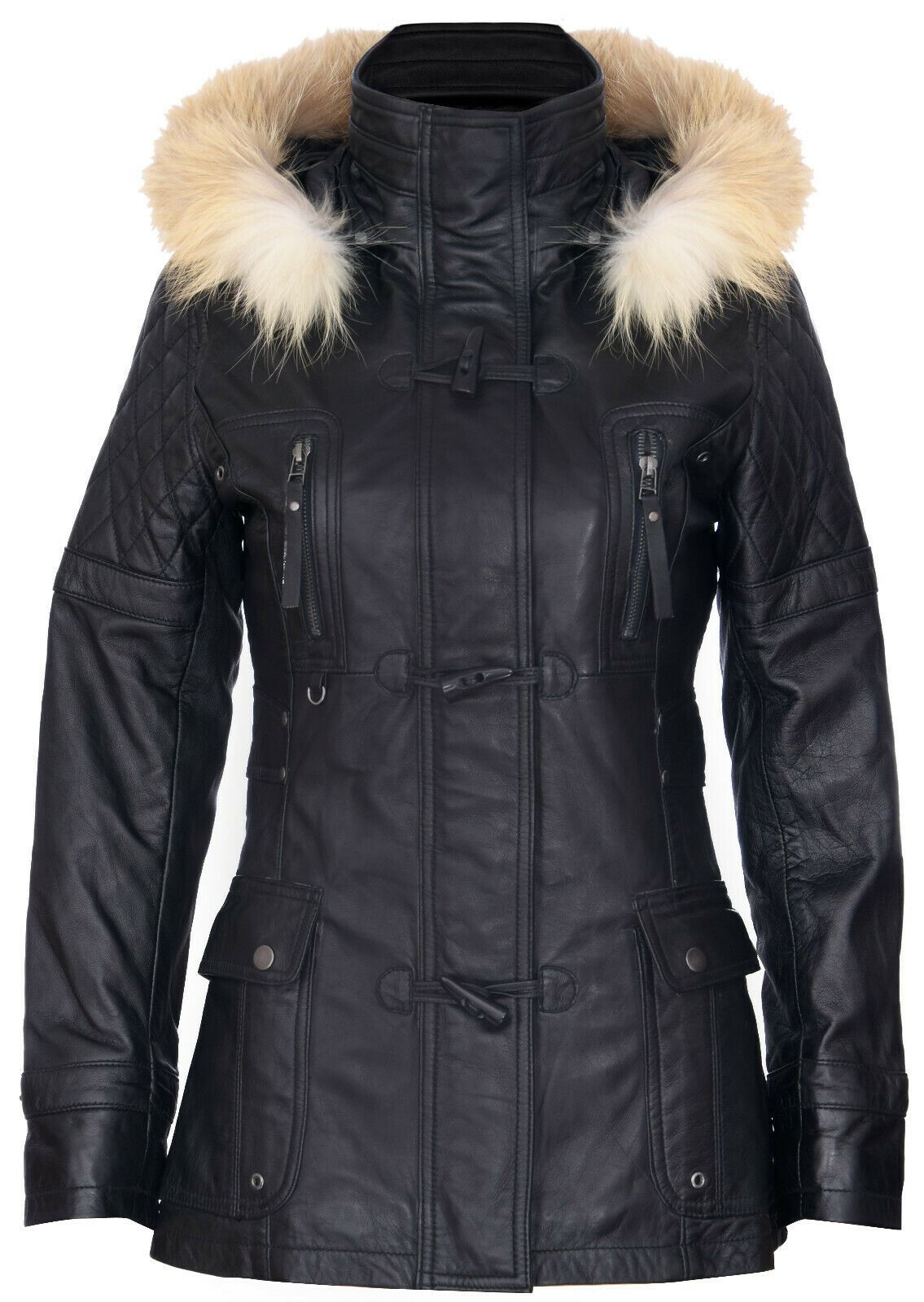 Womens Quilted Leather Hooded Parka Jacket-Northampton