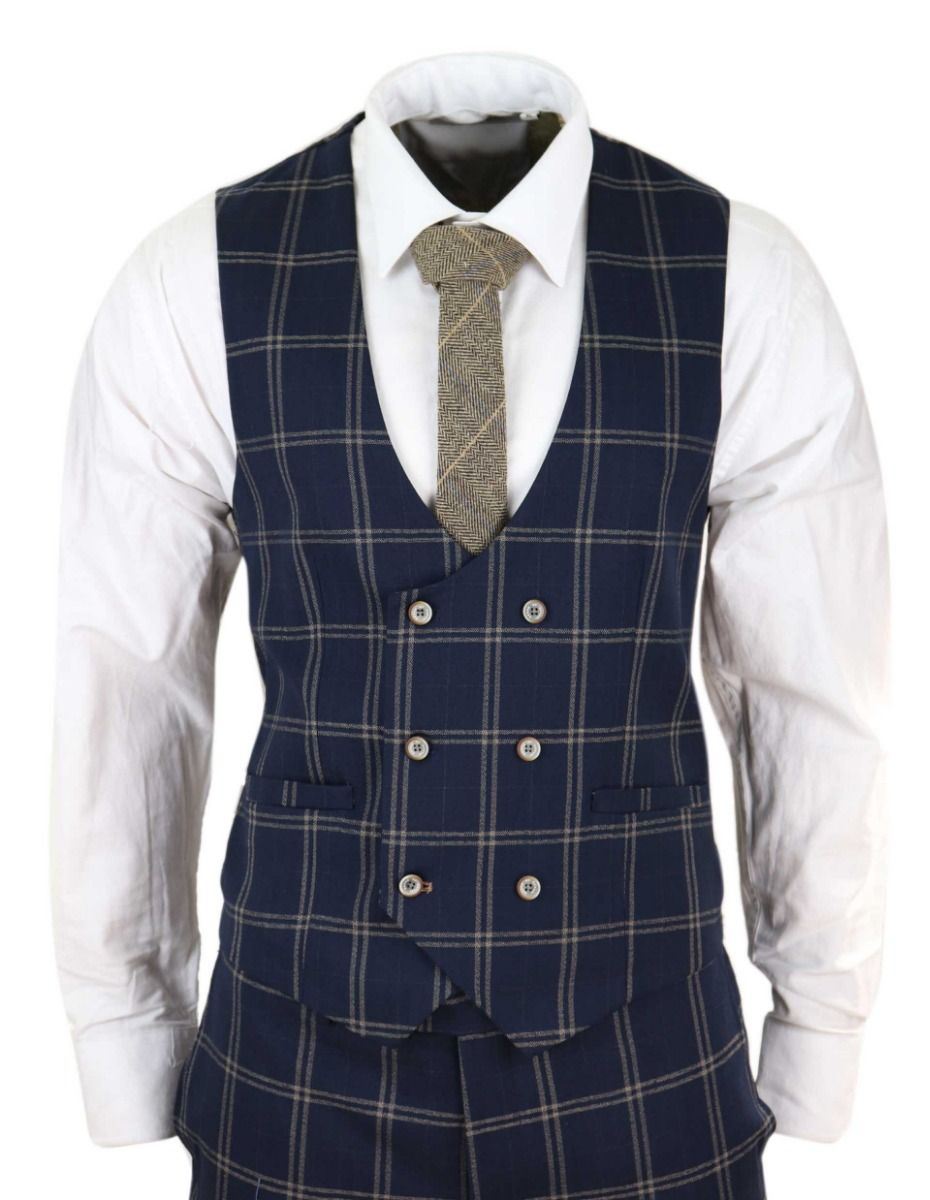 Mens 3 Piece Navy Blue And Tan Check Tweed Retro Classic Suit