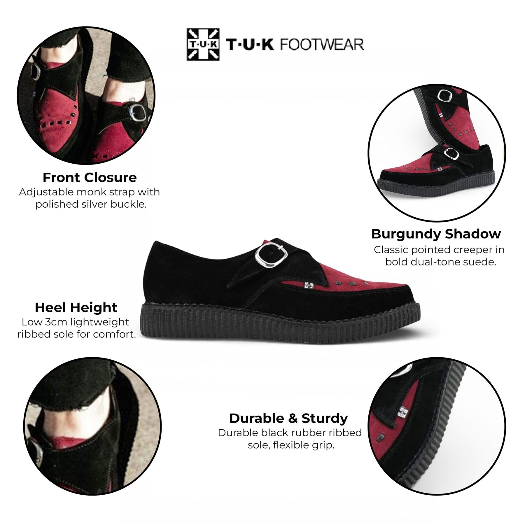 TUK Pointed Creeper Black Burgundy Suede Monk Buckle Platform Shoes - A9592
