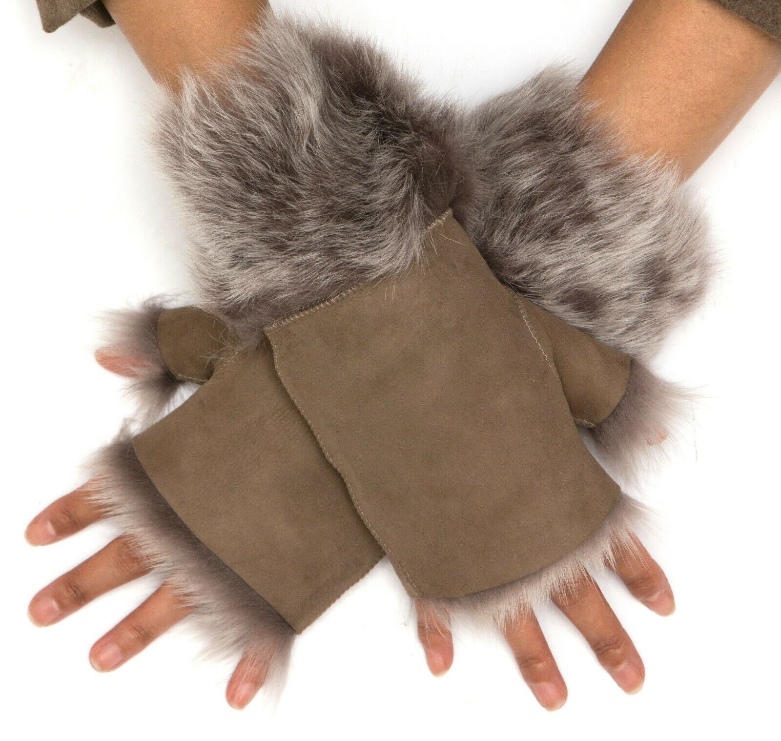 Womens Shearling Mittens Fingerless Cuffs Toscana Suede Sheepskin Fur