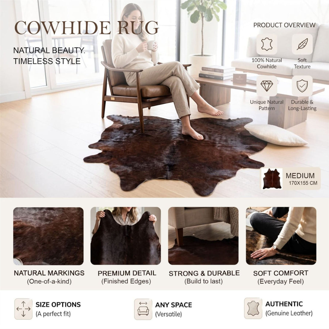 Natural Cow Real Leather Cowhide Hairon Rug