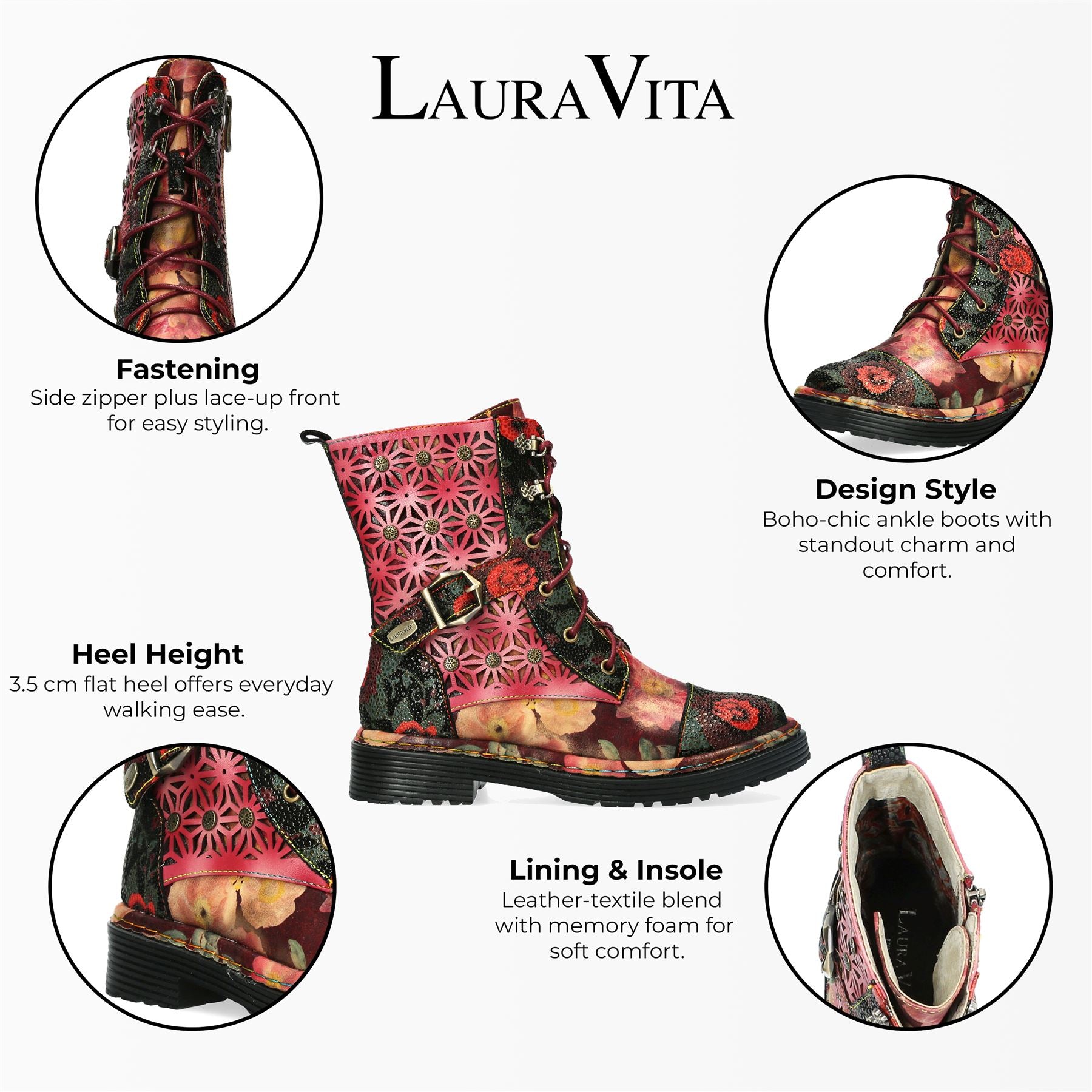 Laura Vita Incaso 36 Red Floral Womens Gothic Victorian Leather Ankle High Boots