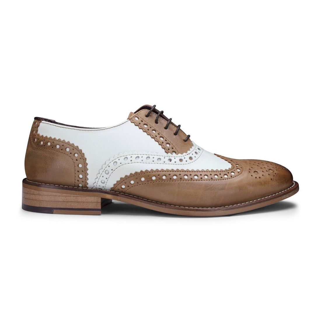 Mens Classic Oxford Tan/White Leather Gatsby Brogue Shoes - Upperclass Fashions 
