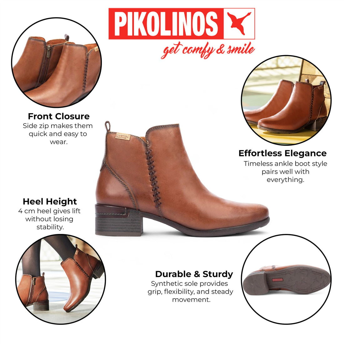 Pikolinos Women’s Cuero Brown Leather Zip Heel Ankle Boots - Malaga