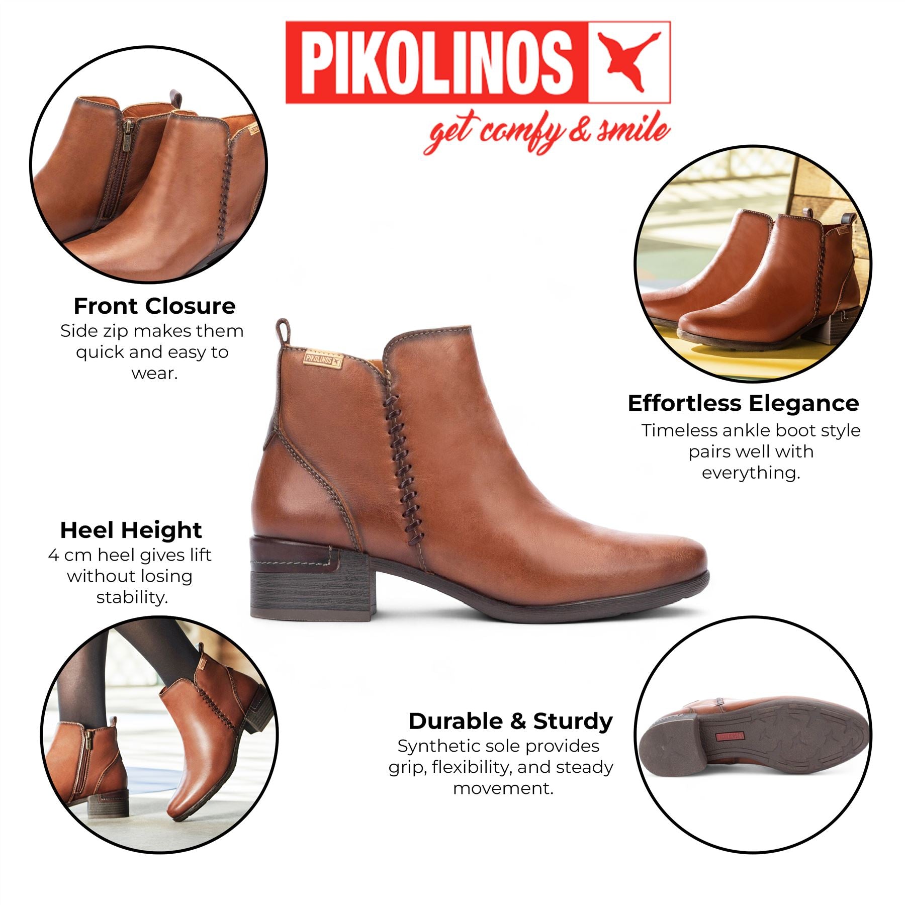 Pikolinos Women’s Cuero Brown Leather Zip Heel Ankle Boots - Malaga