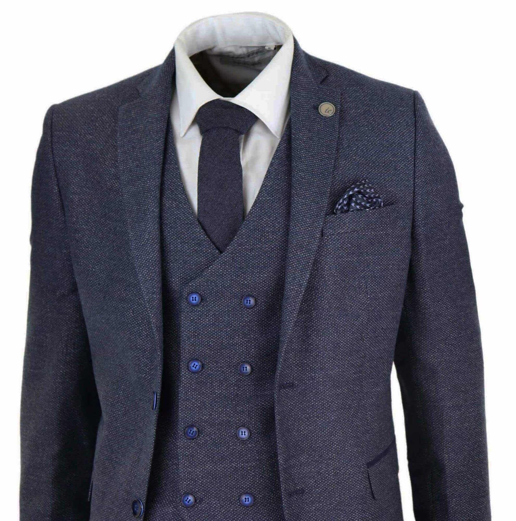 Mens Blue Wool 3 Piece Suit Double Breasted Waistcoat Tweed Peaky Blinders 1920s